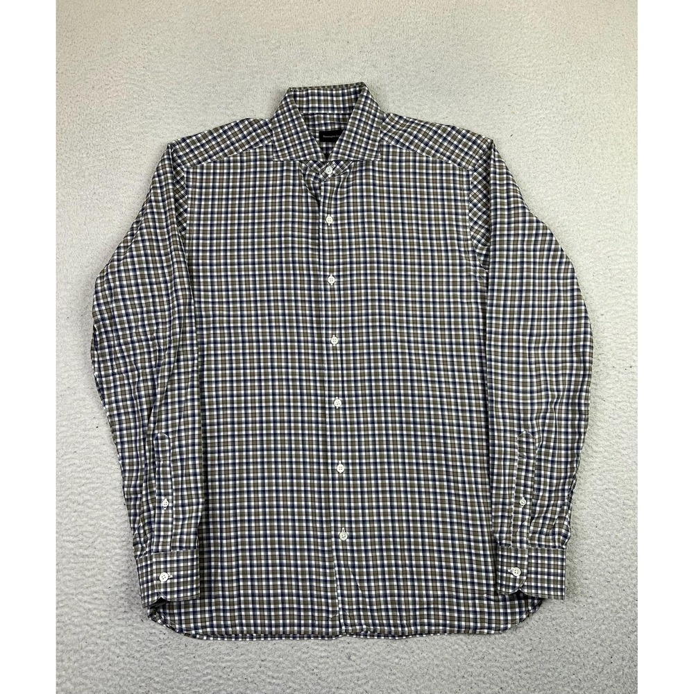 Ermenegildo Zegna Dress Shirt Mens Large Blue Check 100% Cotton Long Sleeve